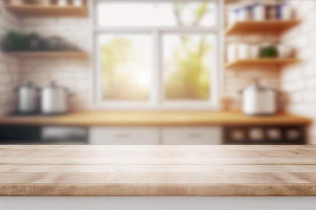 Photo a wooden table in a kitchen with a window behind it