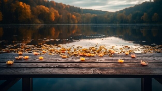 Wooden table in lake on mountain with bokeh lights flowers golden hour