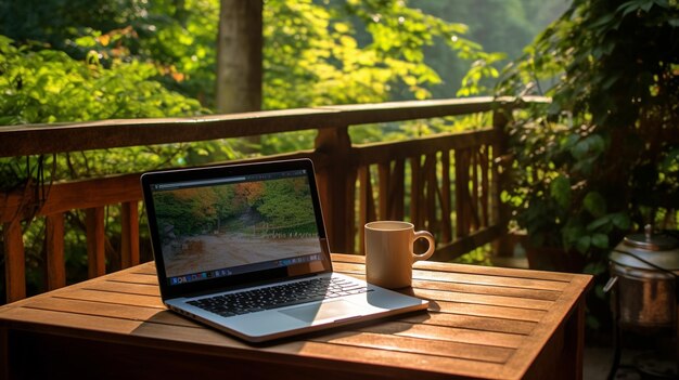 a wooden table on a laptop, coffee cup, a notebook