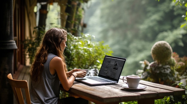 a wooden table on a laptop, coffee cup, a notebook