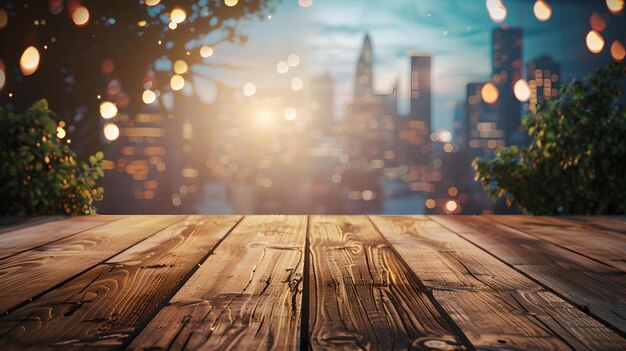 제품 디스플레이 인공지능 (AI) 을 위해 황혼의 도시 배경에서 반이는 불빛으로 흐릿한 도시 풍경으로 이어지는 나무 테이블