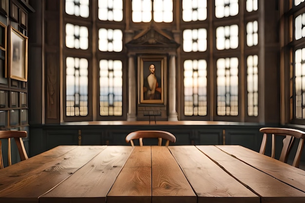 A wooden table in a library with a portrait of a man on the wall