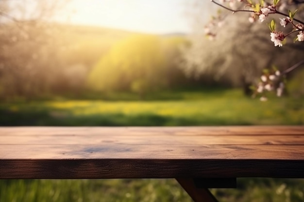 Wooden table in a lively spring meadow