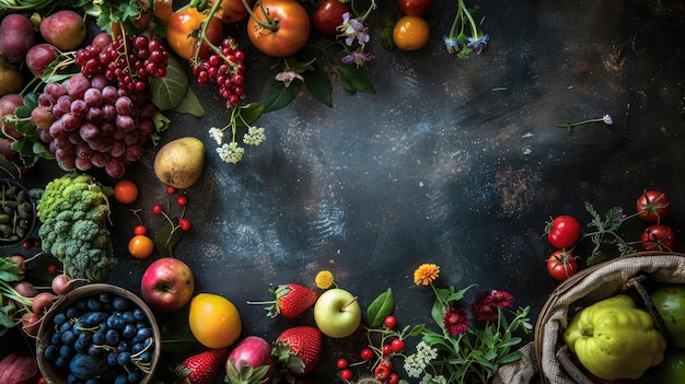 Wooden table loaded with a variety of fresh fruits and vegetables aig