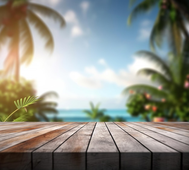 A wooden table looking out to a blurred tropical landscape