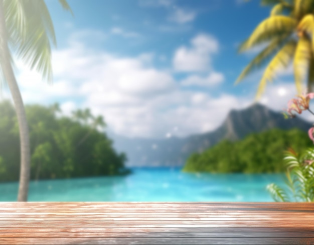 A wooden table looking out to a blurred tropical landscape