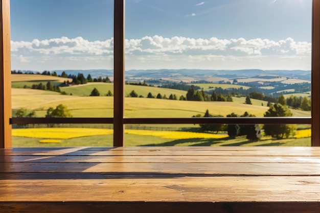 wooden table looking out to a view of a sunny landscape