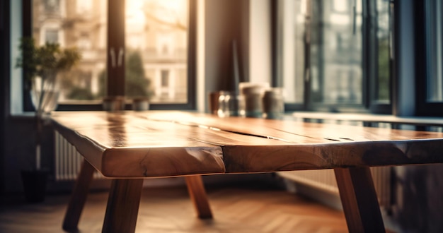 Wooden table looking at a window with blurred reflection