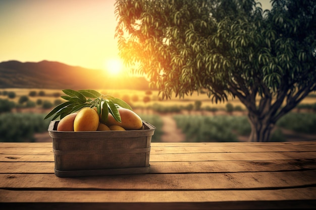 木のテーブルの上に葉のあるバスケットに入ったマンゴーと、日光を背景にしたマンゴーの木の農場
