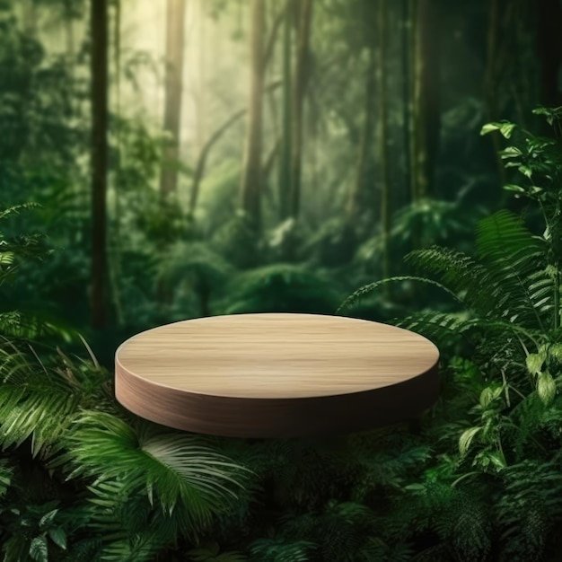 A wooden table in the middle of a forest with a jungle background.