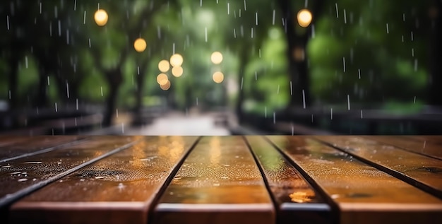 Фото Макет деревянного стола среди освежающего летнего дождя на фоне зеленого зеленого пейзажа