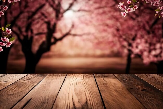 Фото Шаблон макета деревянного стола с цветущей весной, размытой на заднем плане
