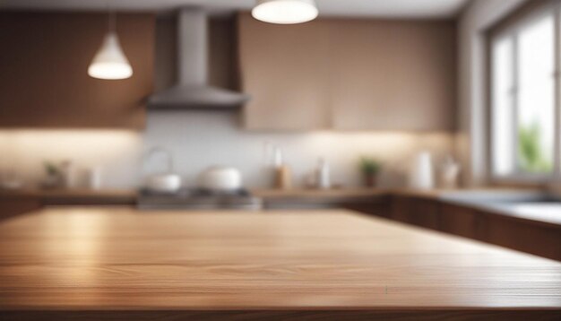 写真 漠然としたキッチンベンチの背景の木製のテーブル 空の木製のテーブルと漠然としたキッチンの背景