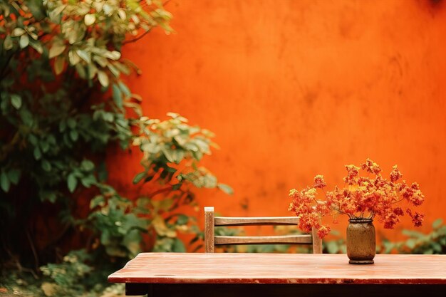 Wooden table orange garden and blurred background copy space generative ai