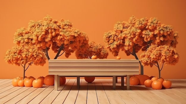 Wooden table and orange trees for product Generative Ai
