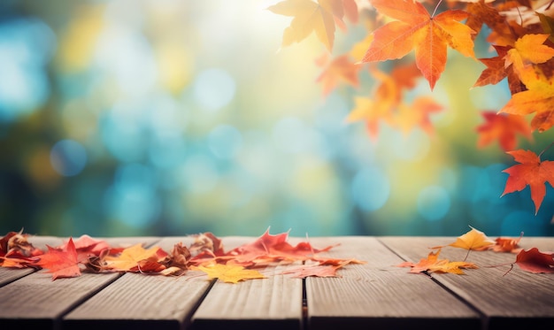 a wooden table outdoors overlooks the autumn leaves