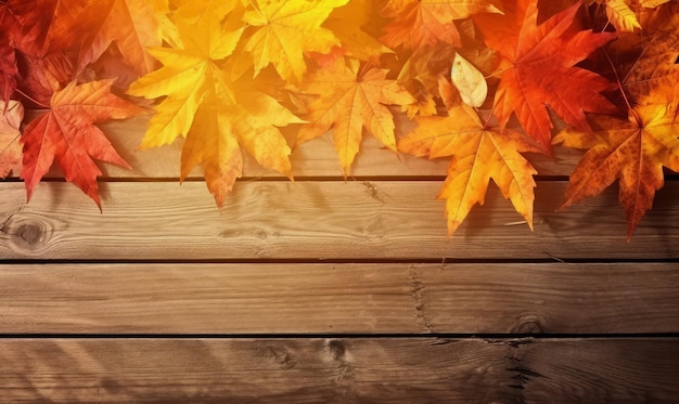 a wooden table outdoors overlooks the autumn leaves