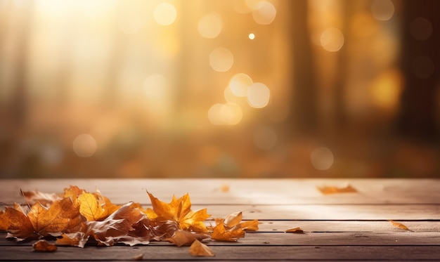 a wooden table outdoors overlooks the autumn leaves