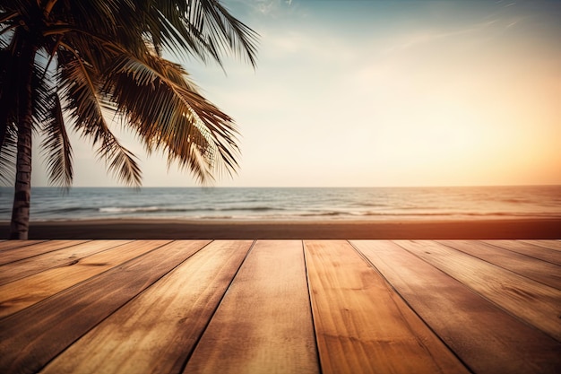 Wooden table overlooking a scenic ocean view created with Generative AI technology