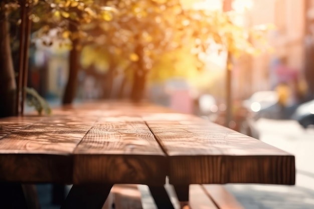 A wooden table in a park with the sun shining on it.