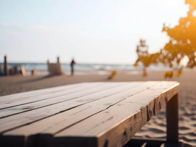 Wooden table on a peaceful beach with ocean waves in the background Generative AI