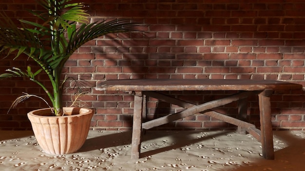 A wooden table and a plant in front of a brick wall