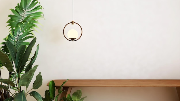 Wooden table, plants, and circle hanging lamp. 3d illustration.
3d rendering