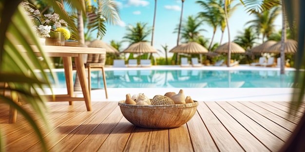 Wooden table and pool background