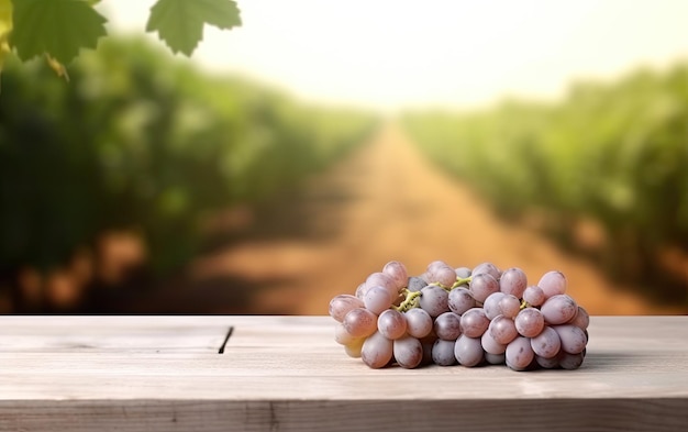 Wooden table for product display with blurred grape plantation background and grapes on table