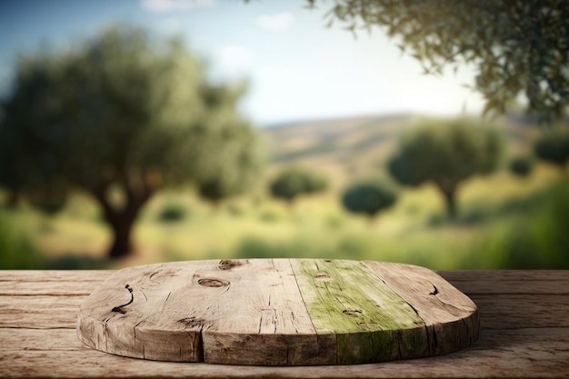 Wooden table for product display with bokeh background of a natural olive field