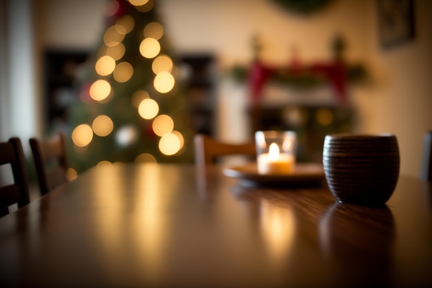 Wooden table for product display with christmas background generative ai