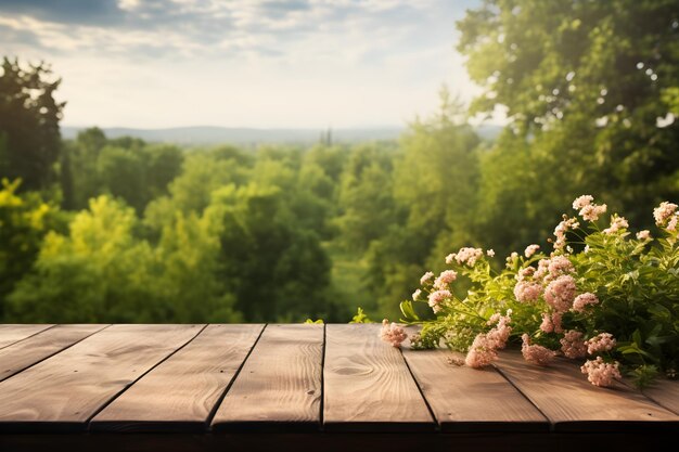 Wooden Table for Product Display with Green Trees Blue Sky