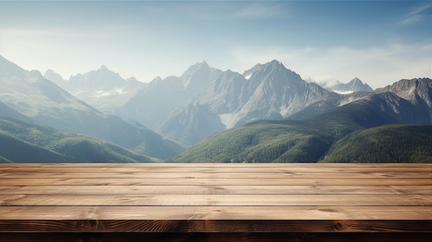 Wooden table for product display with mountains background Generative AI