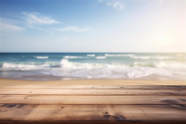 A wooden table product display with a summer vacation holiday background of a tropical beach