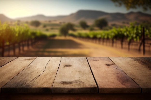 Wooden table for product display with wine yard generative AI