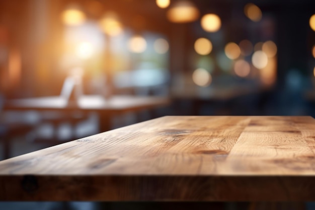 A wooden table in a restaurant with a blurred background.