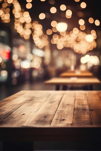 A wooden table in a restaurant with a blurry background