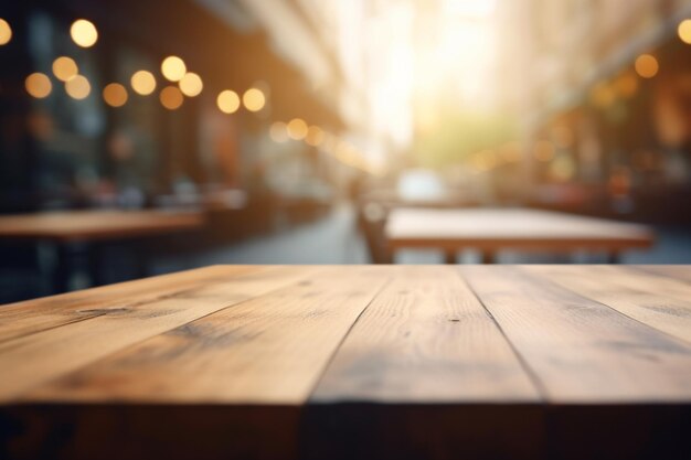 A wooden table in a restaurant with a blurry background