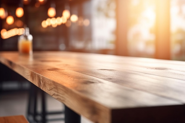 A wooden table in a restaurant with a lamp in the background