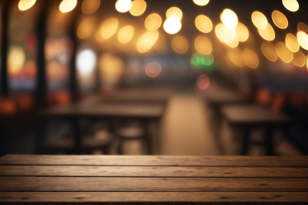 A wooden table in a restaurant with lights in the background