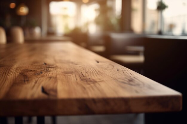 A wooden table in a restaurant with a window behind it