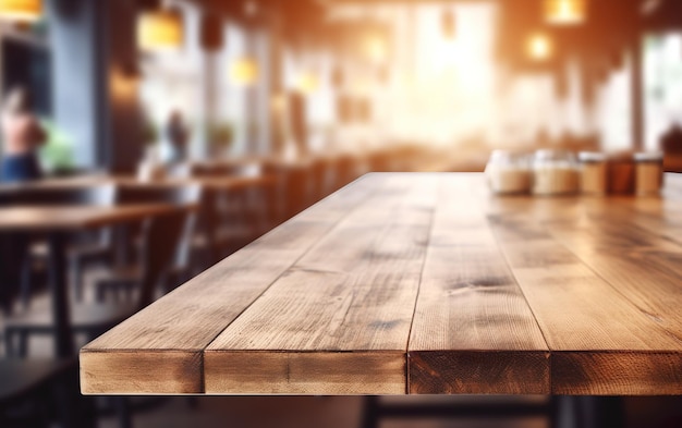 A wooden table in a restaurant with a yellow light in the background