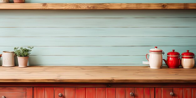 Wooden table and retro kitchen area