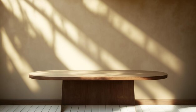 A wooden table in a room with a light on the wall.