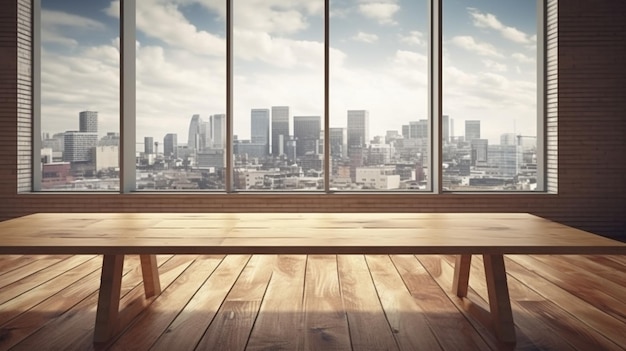 A wooden table in a room with a view of the city skyline.