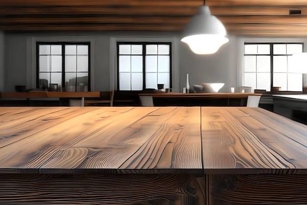 A wooden table in a room with a window behind it