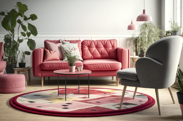 A wooden table on a round rug stands in front of a sofa in a natural living room with a red chair