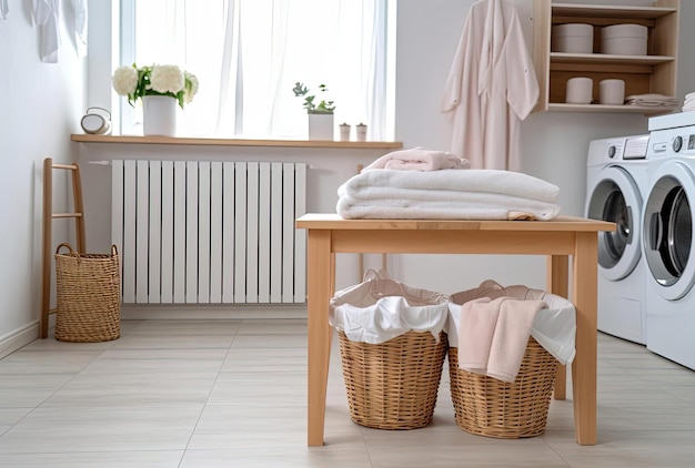 Wooden table and scales laundry basket with towels