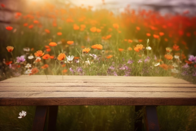 A Wooden Table in a Sea of Wildflowers Perfect for a Rustic Outdoor Setting