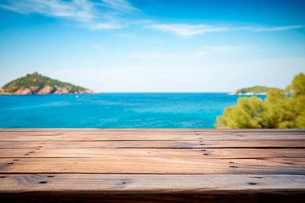 A wooden table set against the backdrop of the sea an island and the blue skyEmpty space for text